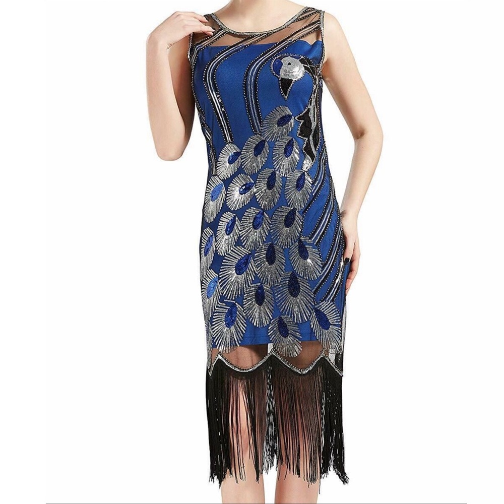 Babeyond Sequin Peacock Dress Medium Lined Blue